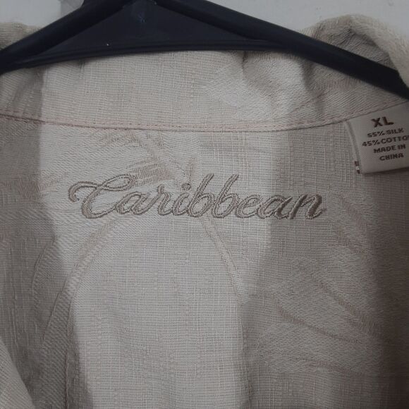 Caribbean Adult Mens XL Beige Silk Cotton Short Sleeve Floral Hawaiin Shirt - Picture 4 of 8